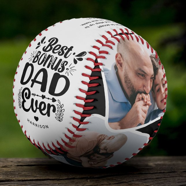 Custom Cute Bonus Dad 4 Photo & Quote Father Gift Baseball (Creator Uploaded)