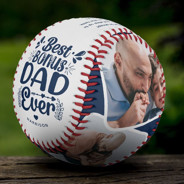 Custom Cute Bonus Dad 4 Photo & Quote Father Gift Baseball (Creator Uploaded)