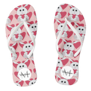 Custom Cute Bunny Heart pattern pink red Monogram Flip Flops