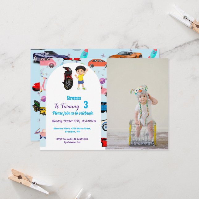 Custom Cute car  motorcycle birthday party Invitat Invitation (Front/Back In Situ)