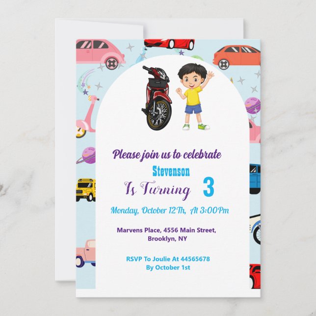 Custom Cute car  motorcycle birthday party Invitation (Front)
