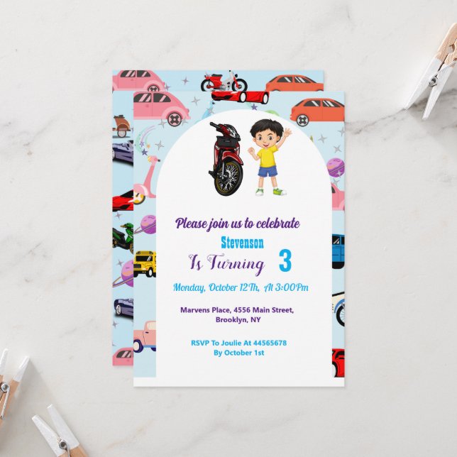 Custom Cute car  motorcycle birthday party Invitation (Front/Back In Situ)