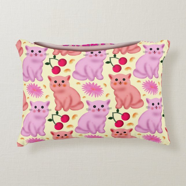 Custom Cute Cat Cherry Floral Pattern Accent Pillow (Front)