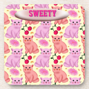 Custom Cute Cat Cherry Floral Pattern Beverage Coaster