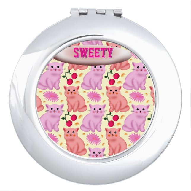 Custom Cute Cat Cherry Floral Pattern Compact Mirror (Front)