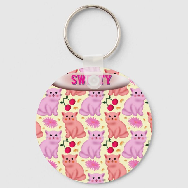 Custom Cute Cat Cherry Floral Pattern Keychain (Front)