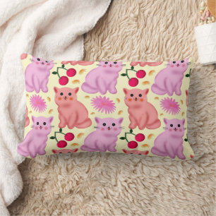 Custom Cute Cat Cherry Floral Pattern Lumbar Pillow