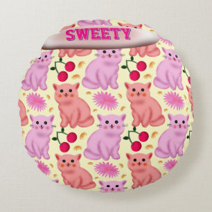 Custom Cute Cat Cherry Floral Pattern Round Pillow