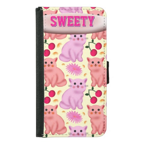 Custom Cute Cat Cherry Floral Pattern Samsung Galaxy S5 Wallet Case