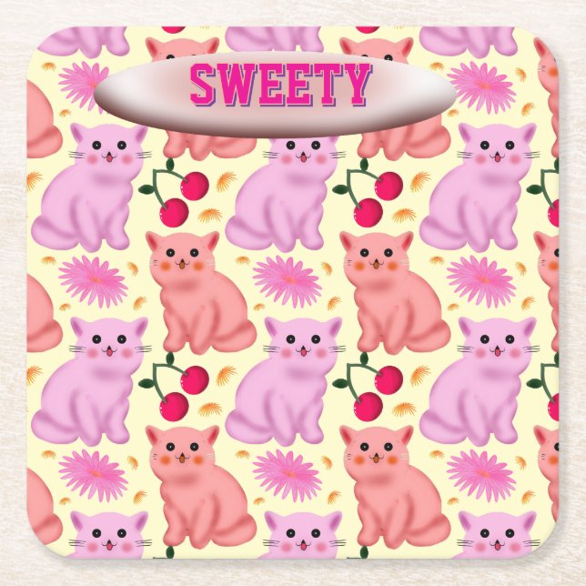 Custom Cute Cat Cherry Floral Pattern Square Paper Coaster (Front)