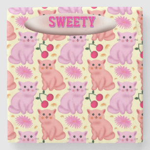 Custom Cute Cat Cherry Floral Pattern Stone Coaster