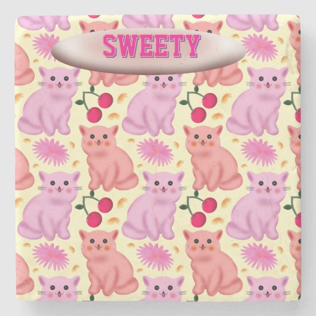 Custom Cute Cat Cherry Floral Pattern Stone Coaster (Front)
