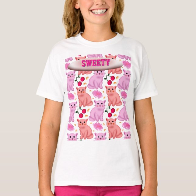 Custom Cute Cat Cherry Floral Pattern T-Shirt (Front)