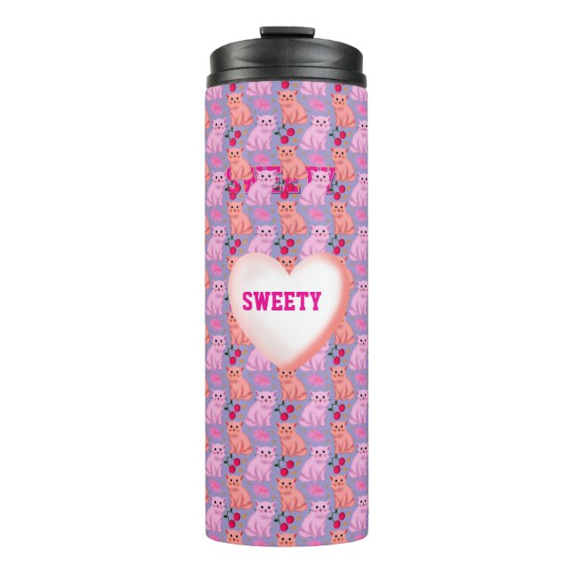 Custom Cute Cat Cherry Floral Pattern Thermal Tumbler (Front)