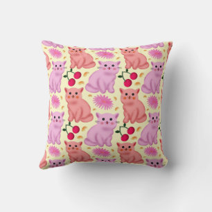 Custom Cute Cat Cherry Floral Pattern Throw Pillow