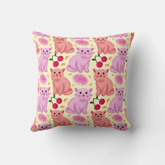 Custom Cute Cat Cherry Floral Pattern Throw Pillow (Back)
