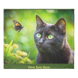 Custom Cute Cat Gazing at a Butterfly Image Text Duvet Cover