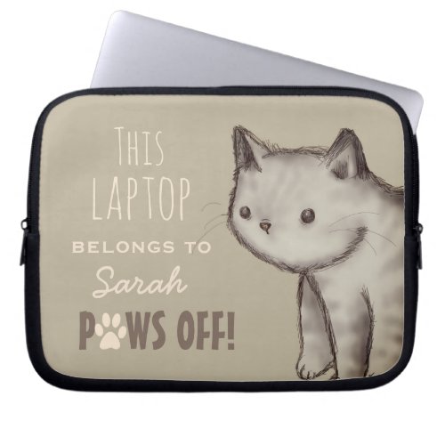 Custom Cute Cat Illustration Paws Off Personalised Laptop Sleeve