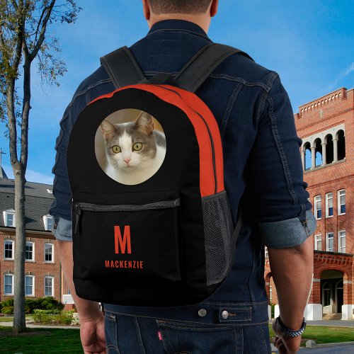 Custom Cute Cat Photo Orange Monogram Personalized Printed Backpack