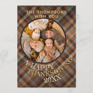 Custom Cute Cheerful Thanksgiving Plaid Pattern Holiday Card