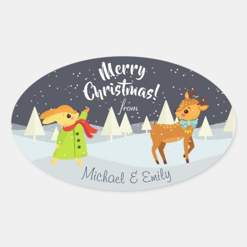 Custom Cute Christmas Bunny and Deer Illustration Oval Sticker