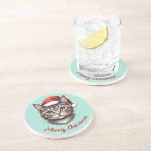 Custom Cute Christmas Cat with Santa Hat Coaster