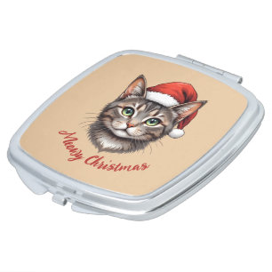 Custom Cute Christmas Cat with Santa Hat Compact Mirror