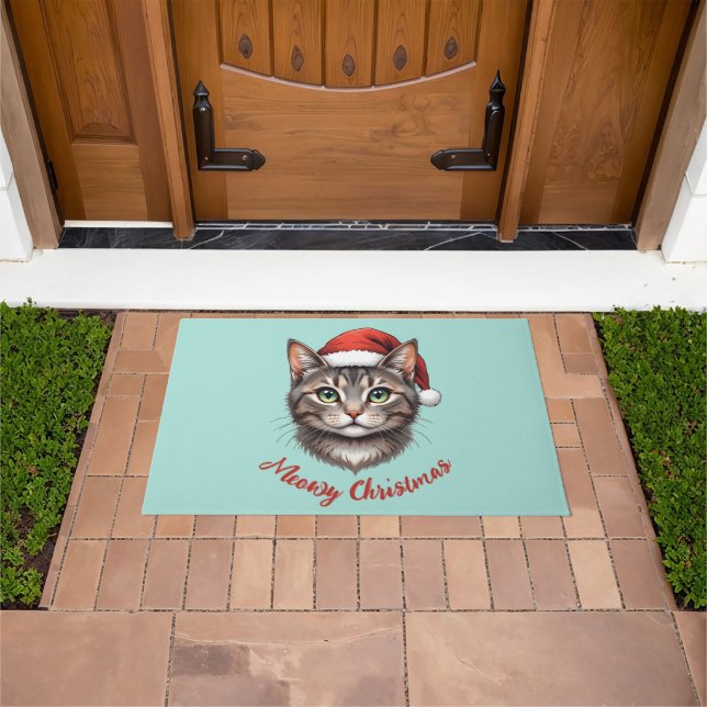 Custom Cute Christmas Cat with Santa Hat Doormat (Outdoor)