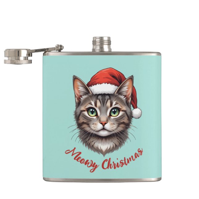 Custom Cute Christmas Cat with Santa Hat Flask (Opened)