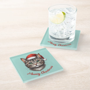 Custom Cute Christmas Cat with Santa Hat Glass Coaster