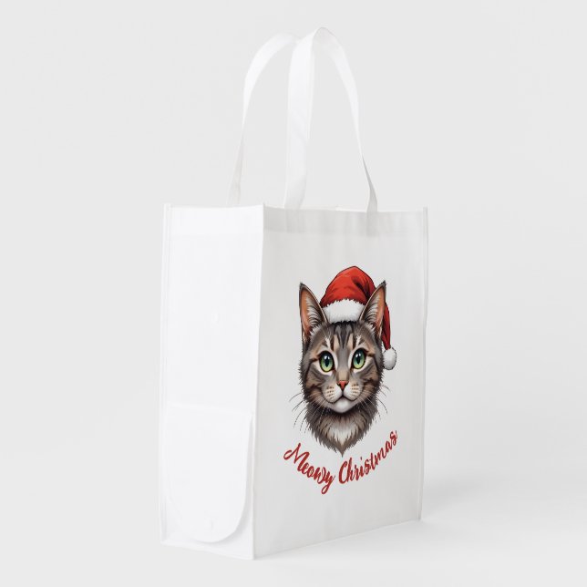 Custom Cute Christmas Cat with Santa Hat Grocery Bag (Front Side)