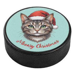 Custom Cute Christmas Cat with Santa Hat Hockey Puck