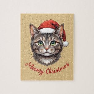 Custom Cute Christmas Cat with Santa Hat Jigsaw Puzzle