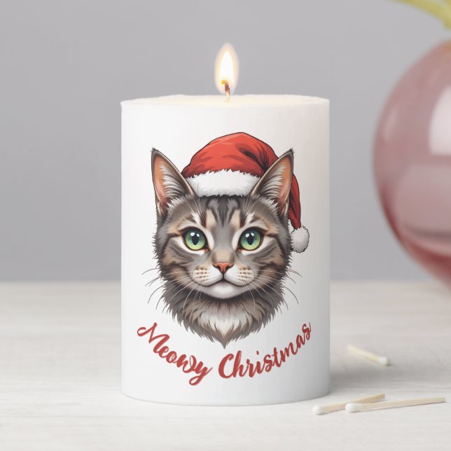 Custom Cute Christmas Cat with Santa Hat Pillar Candle (In Situ)