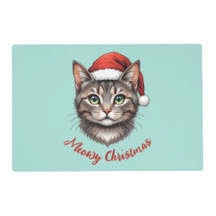 Custom Cute Christmas Cat with Santa Hat Placemat