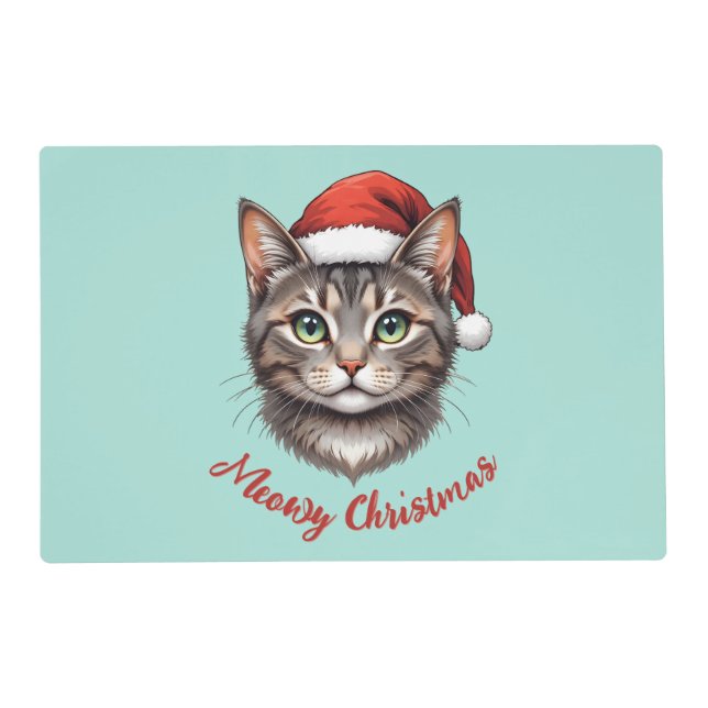 Custom Cute Christmas Cat with Santa Hat Placemat (Front)