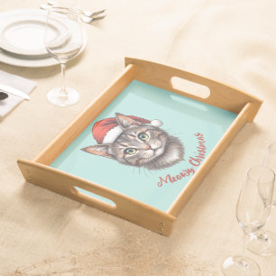 Custom Cute Christmas Cat with Santa Hat Serving Tray