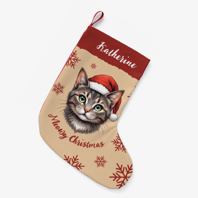 Custom Cute Christmas Cat with Santa Hat Small Christmas Stocking (Front (Hanging))