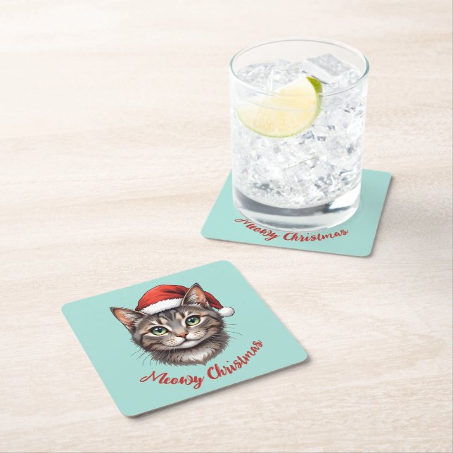 Custom Cute Christmas Cat with Santa Hat Square Paper Coaster (Insitu)