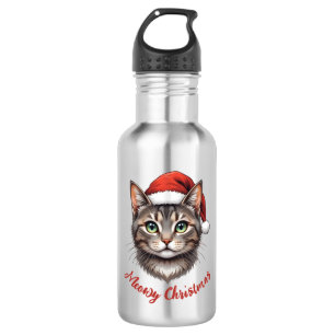 Custom Cute Christmas Cat with Santa Hat Stainless Steel Water Bottle