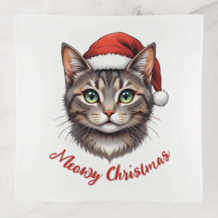 Custom Cute Christmas Cat with Santa Hat Trinket Tray