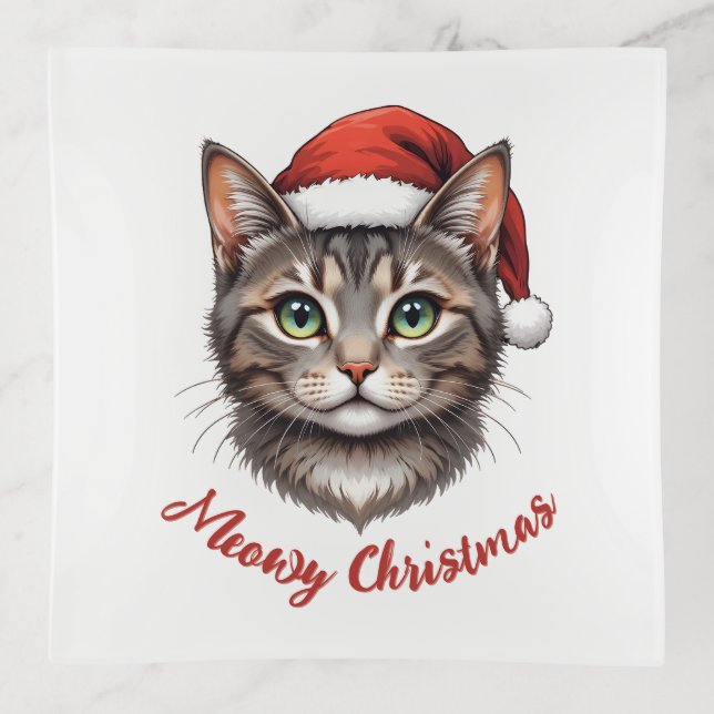 Custom Cute Christmas Cat with Santa Hat Trinket Tray (Front)