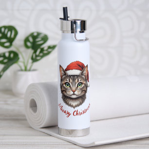Custom Cute Christmas Cat with Santa Hat Water Bottle