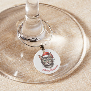 Custom Cute Christmas Cat with Santa Hat Wine Charm