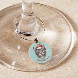 Custom Cute Christmas Cat with Santa Hat Wine Charm