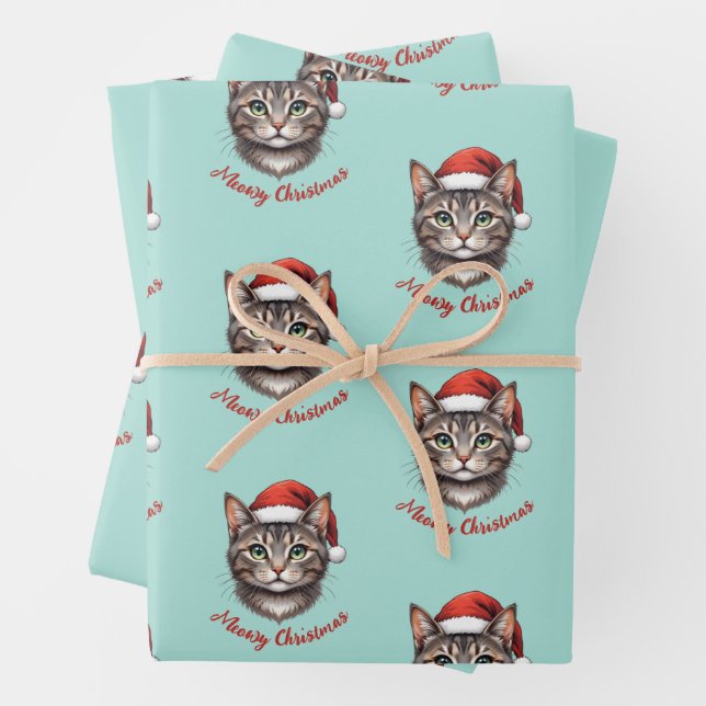 Custom Cute Christmas Cat with Santa Hat Wrapping Paper Sheets (In situ)