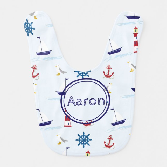 CUSTOM CUTE COASTAL BOAT LIGHTHOUSE ANCHOR BABY BIB (Front)