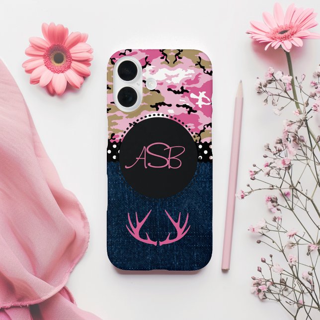 Custom Cute Dark Blue Jeans Pink Antler Camo Case-Mate iPhone Case (Creator Uploaded)