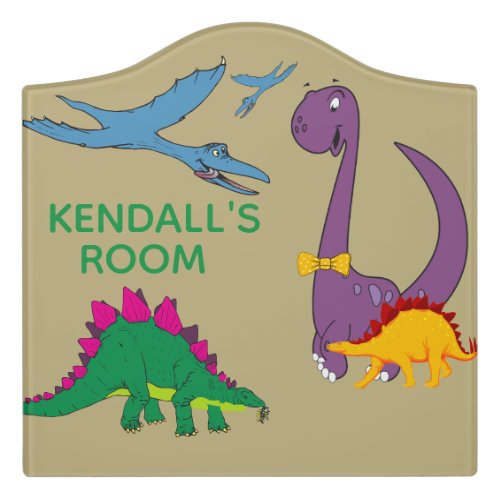 Custom Cute Dino Childs Room Decor Sand Beige Door Sign
