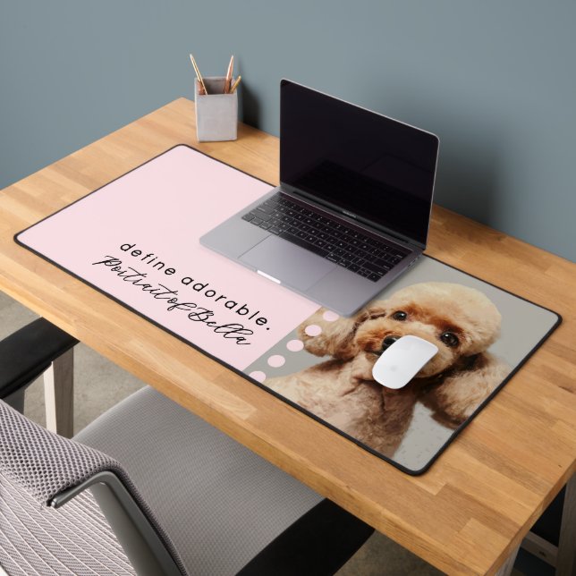 Custom Cute Dog Name Photo Funny Quote Pastel Pink Desk Mat (Office 2)